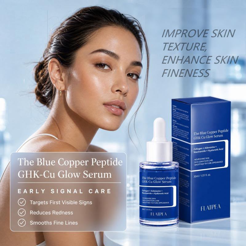 Model with Flatpea Blue Copper Peptide serum and daily care benefits