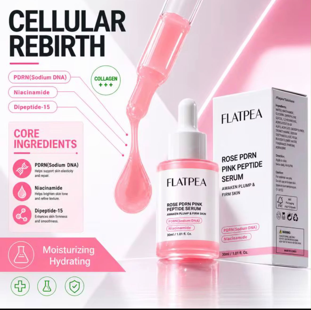 Flatpea Rose PDRN Pink Peptide Serum and featured ingredients