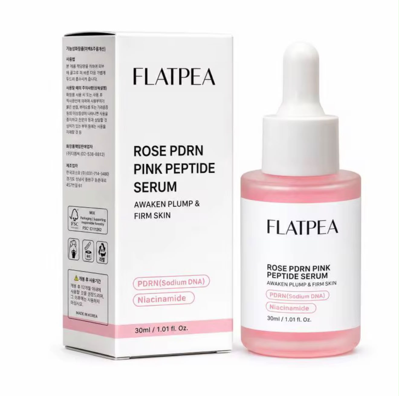 Flatpea Rose PDRN Pink Peptide Serum bottle and box